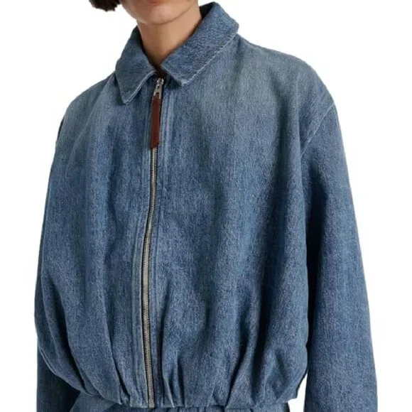 Denim Bomber Jacket Zip Up Draped Loose Fit Collared Casual Lightweight - Picture 3 of 8